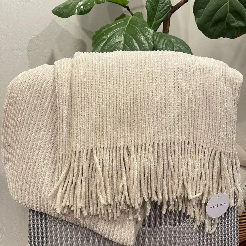 NEW West Elm Boho Cream Ivory Tassel Chenille Knit Throw Blanket - 50